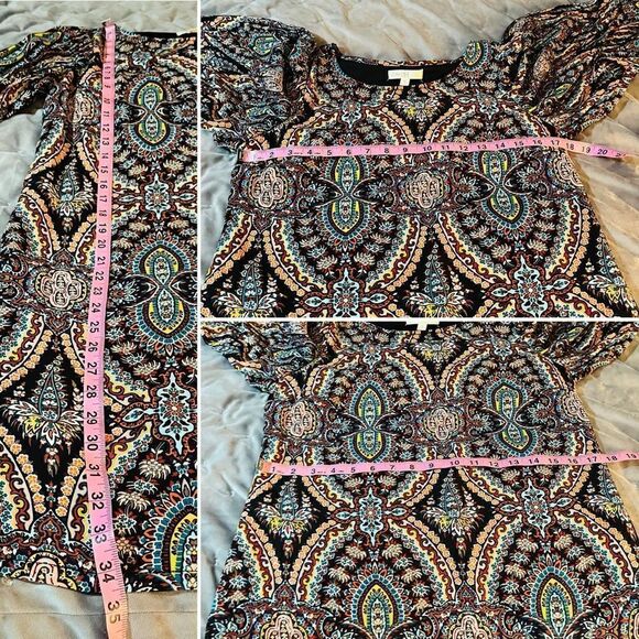 Love FIRE Pleated Wide Arm Shift Dress Mediterranean Stain Glass Print Multi M - Picture 9 of 10